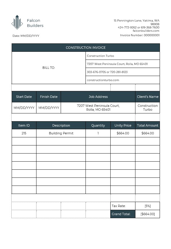 Construction Job Invoice Template PSD template